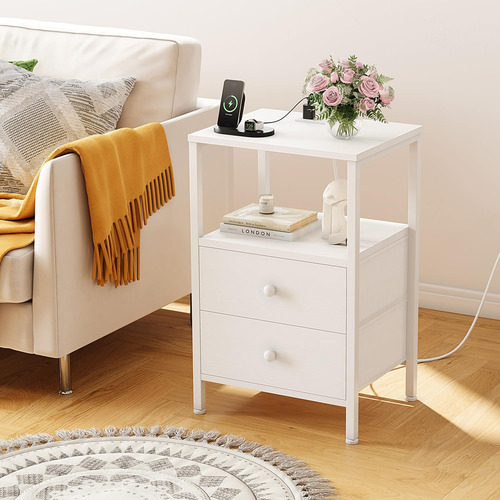 Mesita De Noche Blanca Con Carga Y Puertos Usb Moderna