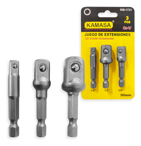 3 Adaptadores 50mm Taladro Dados Cuadrante 1/2 - 3/8 - 1/4