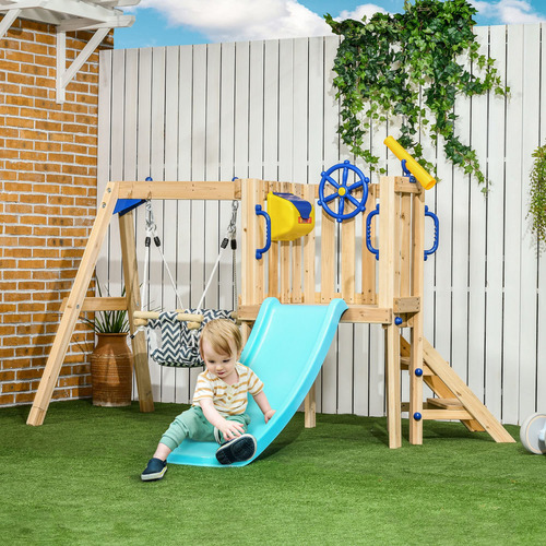 Columpio De Madera Y Tobogán 3 En 1 Para Exterior, Niños 1.5 Madera Natural