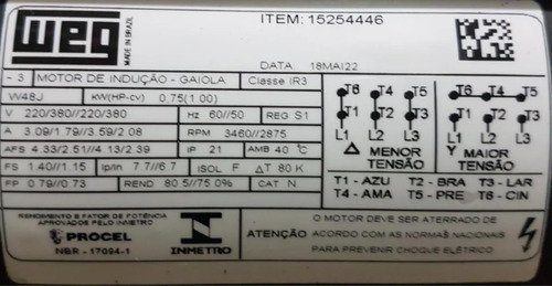Motor Trif. 60hz Weg 1cv 2p Para Bomba De Piscina 220/380
