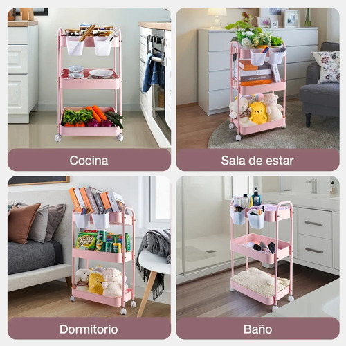 Carrito Organizador Multiusos De Metal, 3 Niveles Y Ruedas Rosa Claro