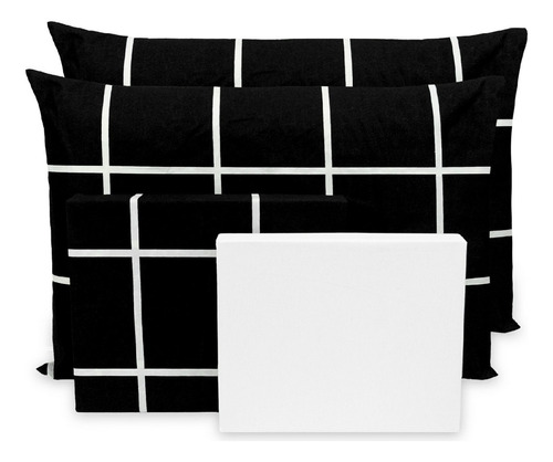 Lençol Queen 4 Pçs 40cm Percal Flex Estampado Toque Suave Cor Grid Preto - Branco