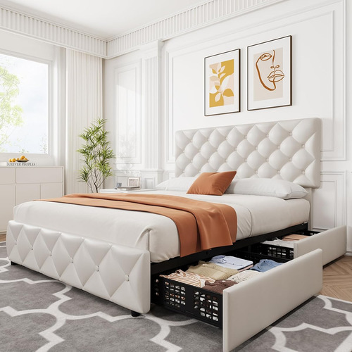 Base De Cama Matrimonial Idealhouse Tapizada En Lino Blanco