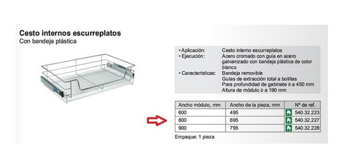 Imagen 3 de 3 de Canasto Escurreplatos Interno Extr. 900mm Hafele 540.32.228