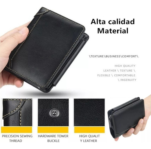 Cartera Tarjetas Billetera Lujo Cuero Hombre Cartera Trifold Color Negro