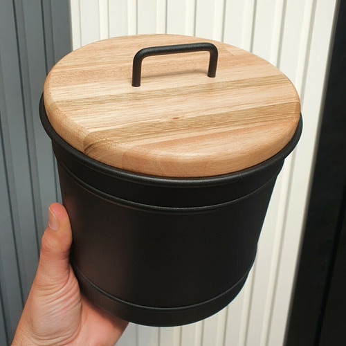Tarro Lata Cocina O Baño Blanco Metal Tapa Madera Negro Deco