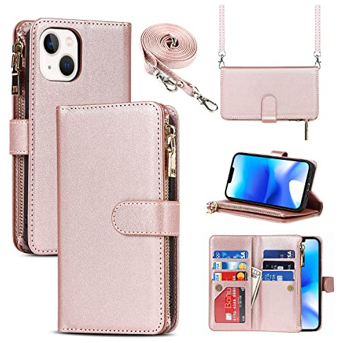 Funda Cartera Para iPhone 14 Rosa Dorado Piel Sintetica