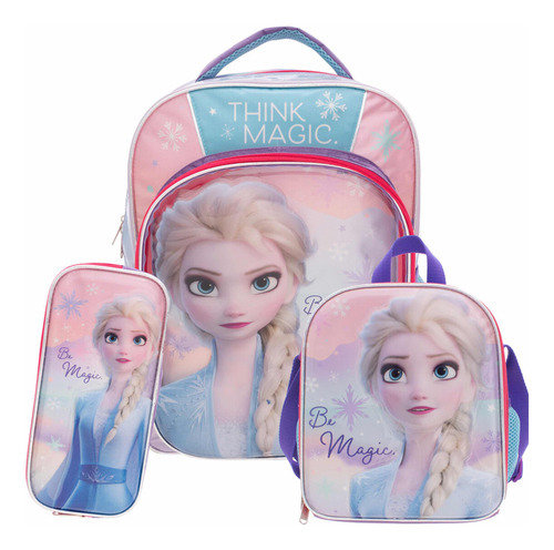 Set Escolar Frozen Ruz Mochila, Lonchera Y Lapicera Color Rosa Diseño de la tela Liso