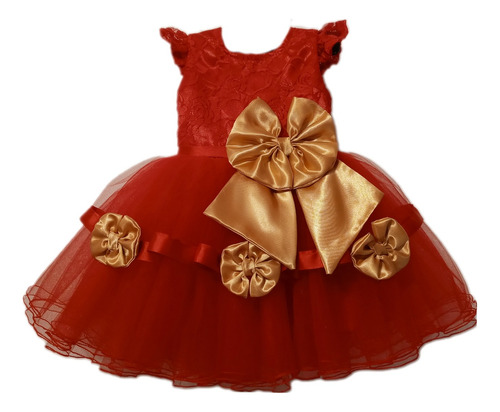 Vestido De Fiesta Bebe Nena Color Rojo Moño Dorado