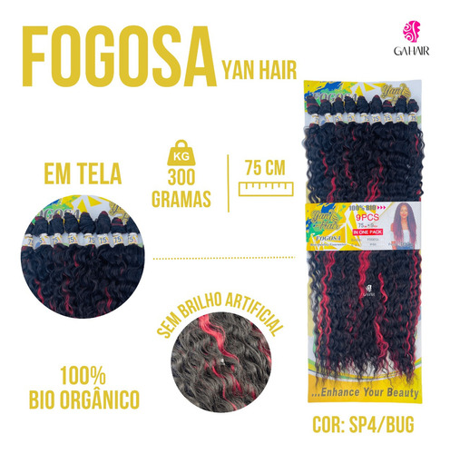 Cabelo Fogosa Cacheado Afro Bio Organico P/entrelace+brinde Cor Castanho Com Mechas Vermelha SP4/BUG