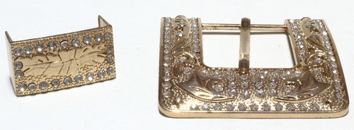 Kit Fivela E Passador Dourado Com Strass Para Cintos Country