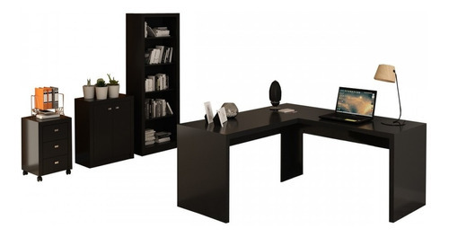 Conjunto Home Office 4 Peças Com 1 Mesa Em L, 1 Estante, 1 Cor Preto