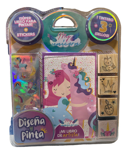 Blister Librito Con Sellos Y Tintero + Stickers My Unicorn Diseña Y Pinta