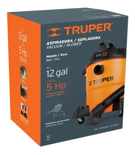 Aspiradora De tacho Truper ASPI-12 45L naranja y negra 120V 60Hz