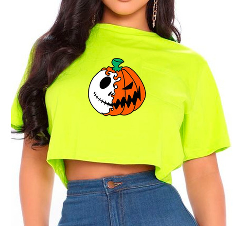 Cro Top Para Damas Estampada Diseño Halloween Jack Spooky 