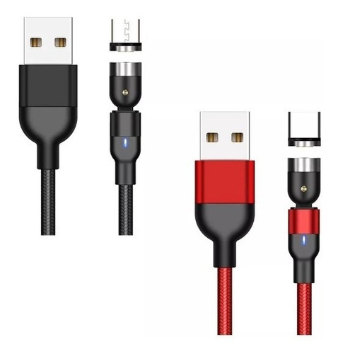 Juego De 2 Cables Usb Magnético 3 En 1 Cargador De Celulares Color Negro/rojo 2m