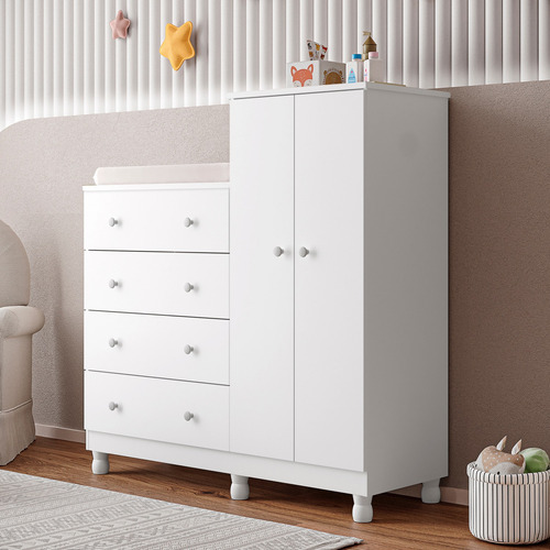 Cômoda Guarda Roupa Bebê Madeira Branca C/ Colchão Trocador Cor Branco