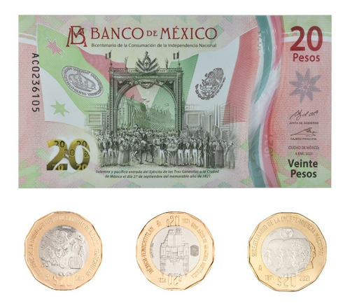 Paquete Billete Y Monedas De 20 Pesos Conmemorativas 2021