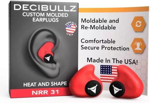 Decibullz-Custom Moldeados Tapones para los oídos 31dB Protección Auditiva Rojo con Correa de cuello 