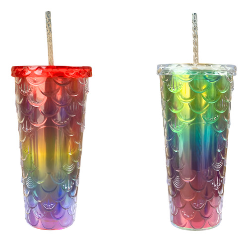 40 Vasos Con Textura Doble Pared 30oz Tapa Popote Mayoreo Sirena Arcoiris