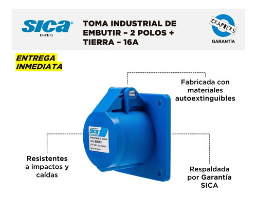 Imagen 2 de 6 de Toma Industrial Sica De Embutir - 2 Polos + Tierra - 16a