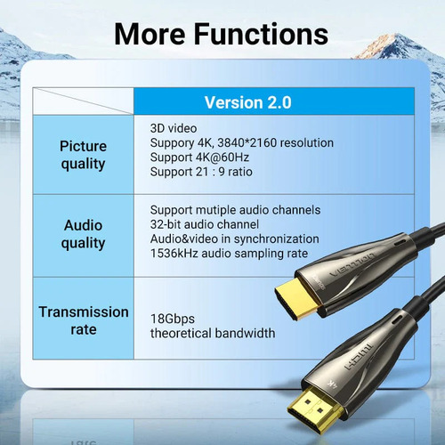 Cable Hdmi 2.0 Fibra Optica Vention - Certificado Profesional - 5 metros - Ultra HD 4k 60hz 18gbps - HDCP2.2 HDR - Para PC / Notebook / TV Proyector / MacBook / Consola - ALABJ