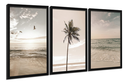 Quadros Decorativos Sala Praia Coqueiro Bege Casa Sala Cor Conforme Imagem Cor da armação Moldura Preta