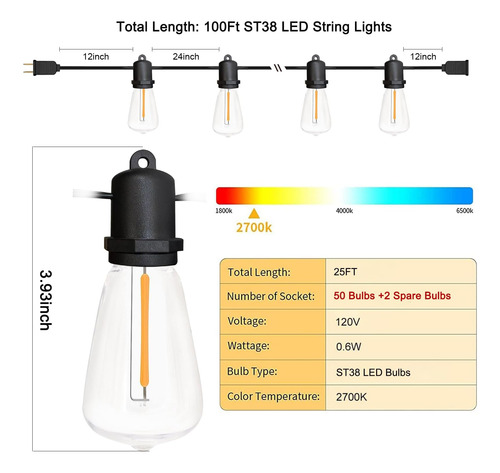 Luces De Cuerda Al Aire Libre Led De 100 Pies Impermeables C