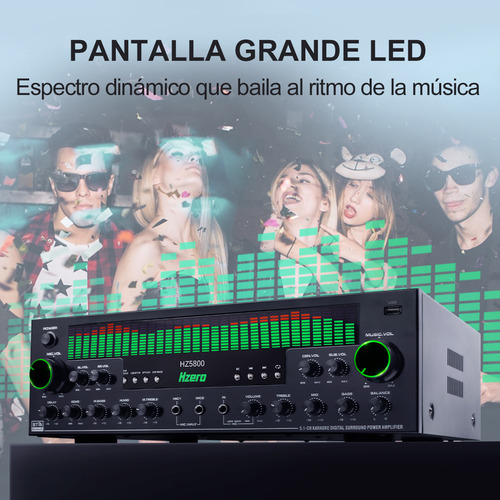Amplificador de Audio Para Casa Bluetooth Hzero Hz5800 Óptica Coaxial Apoya Subwoofer Color Negro Canal 5.1 Potencia Pico De 5800 W