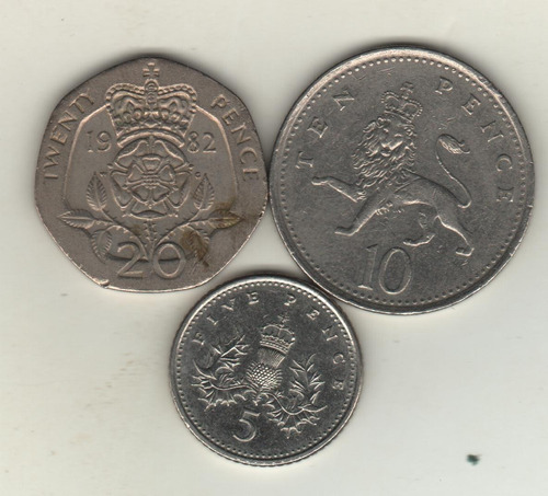 Gran Bretaña Lote De 3 Monedas Diferentes De 5 A 20 Pence