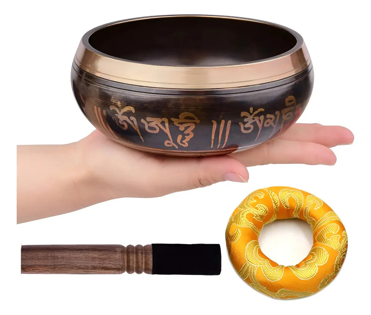 12.5cm Tazón Tibetano Meditación Con Mazo Artesanal Marrón Claro