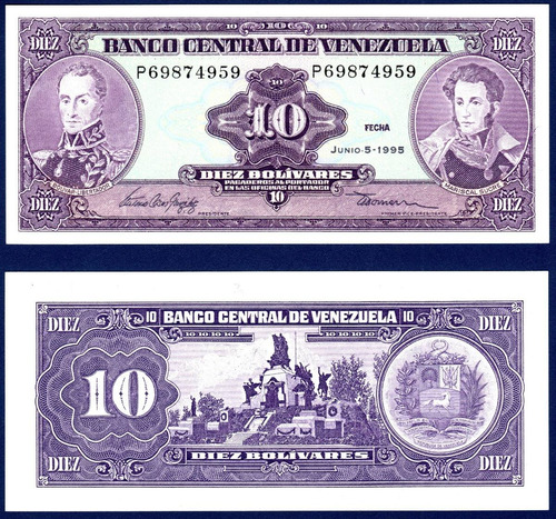 Billete 10 Bolívares P8 Junio 5 1995 Simón Bolívar Y Sucre