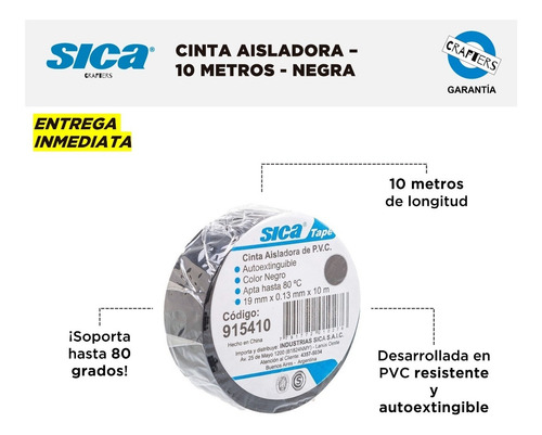 Cinta Aisladora Sica Certificada - 10 Metros - Negra