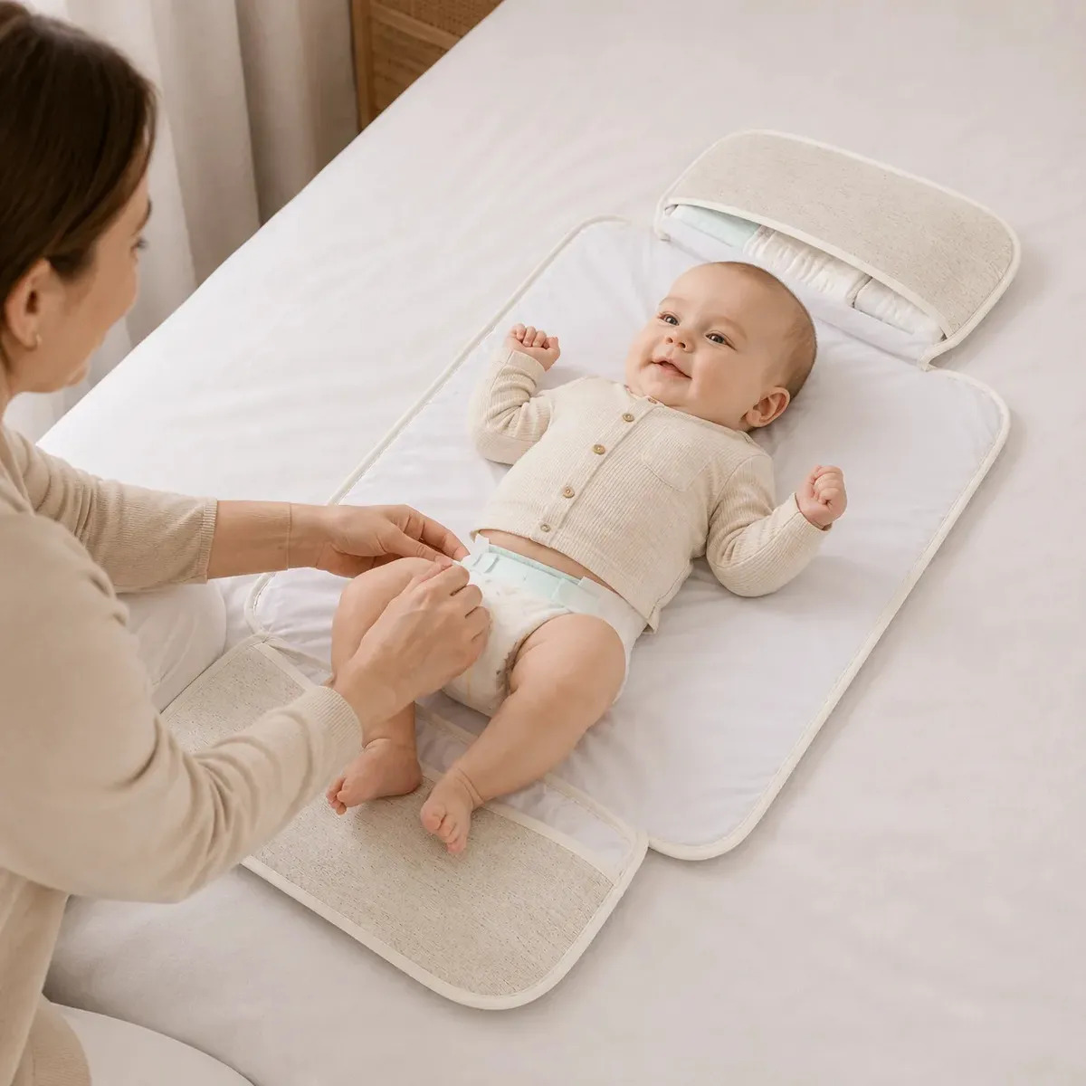 Trocador Portátil Bege de Algodão Impermeável Batistela Baby Dobrável Lavável Unissex