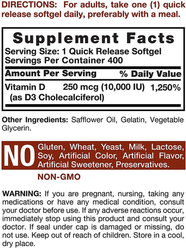 Vitamina D3 Softgels Natural 10,000iu 400 Tabletas Eg D9
