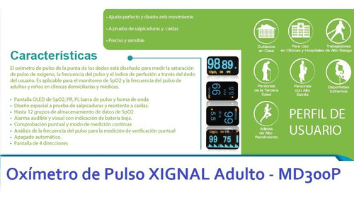 Oxímetro Pulso Dedo 4 Parámetros Xignal Adulto Spo2 Md300p