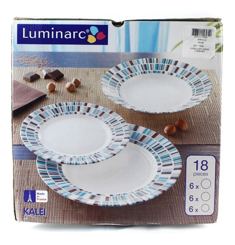 Imagen 2 de 4 de Set De 18 Vajillas De Vidrio Luminarc Blanco Y Azul
