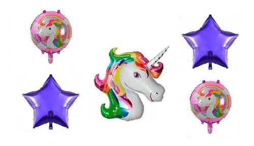 Imagen 1 de 2 de Set 5 Globo Metalizado Unicornio Feliz Cumpleaños Apto Helio