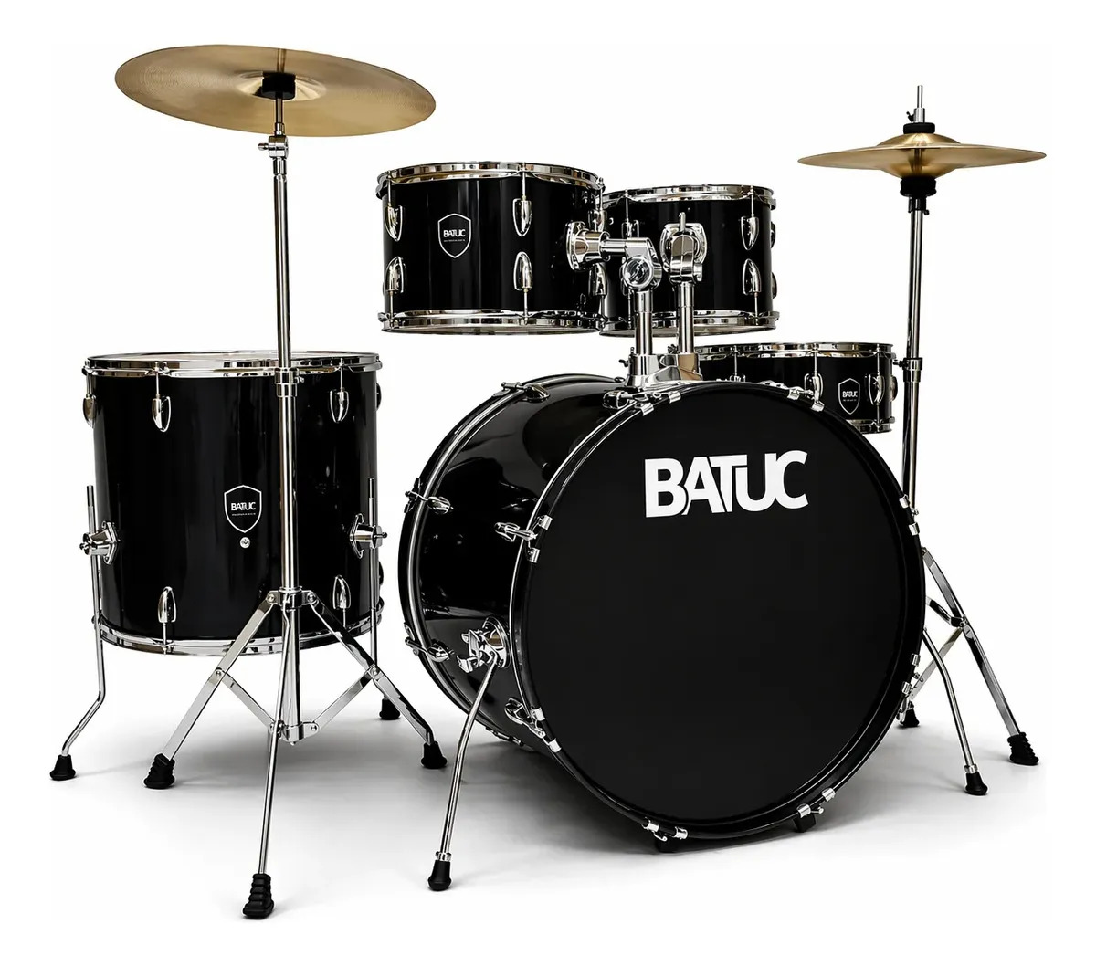 Bateria Acústica Completa Batuc Bd22 Iniciante 5 Peças Pratos Banco Pedal - Bumbo 22 Black