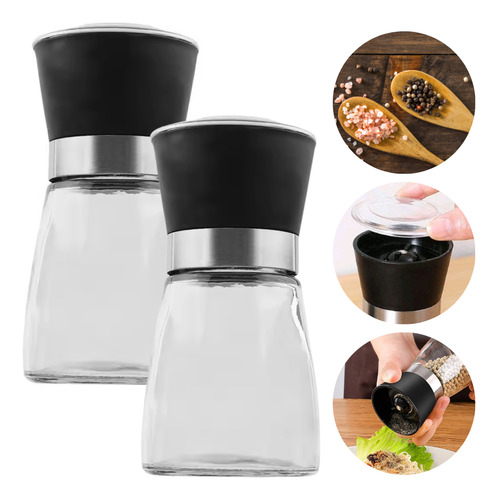 Kit 2 Moedor Sal Pimenta Inox Vidro Regulável 180 Ml