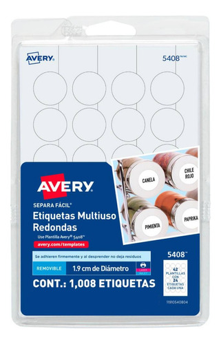 1008 Etiquetas Redonda Removible Avery Blanco 1.9cm Codigo