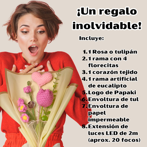 Ramo Flores Tejidas Bouquet Tulipanes Rosas Crochet Luz Led