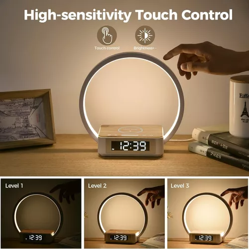 Lámpara de noche Qi cargador inalámbrico LED lámpara de escritorio con  reloj despertador, control táctil 3 tonos de luz, lámpara de mesa de carga