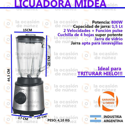 Imagen 2 de 7 de Licuadora 800w Acero Inoxidable Midea Vidrio Pica Hielo
