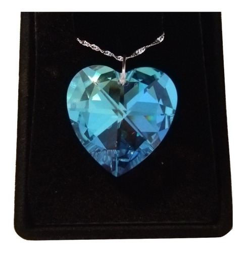 Colar Coração Cristal Swarovski Blue Ab 2,0 Cm - Prata 925