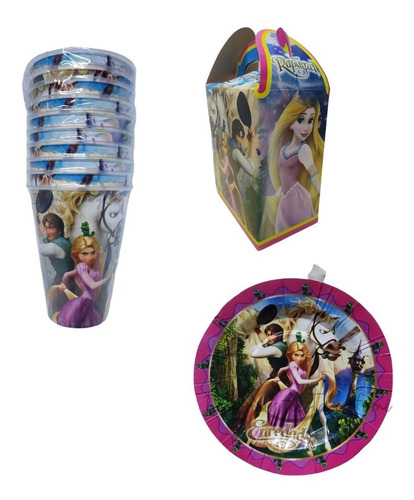 Rapunzel .kit Para 50 Niños.platos,vasos,caja Dulcero