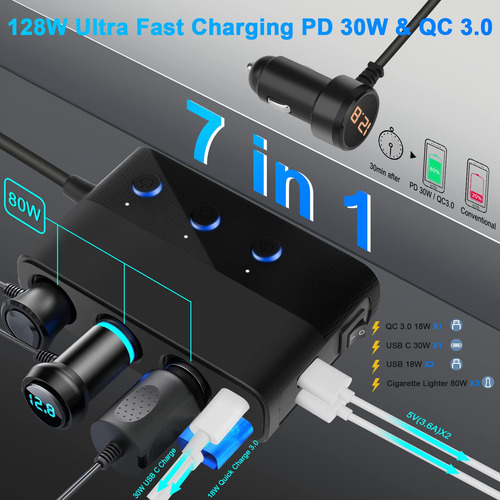 Divisor De Encendedor De Cigarrillos Gibbab 7 En 1 128 W Con