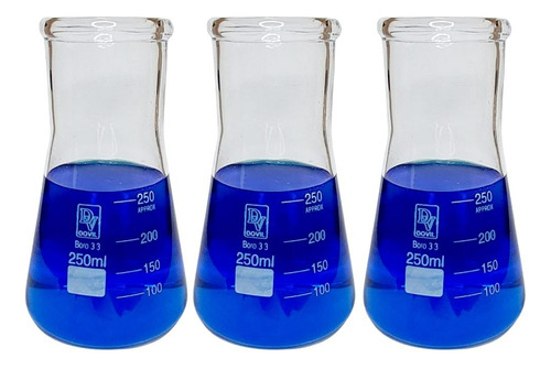 Erlenmeyer De Vidro Boca Larga Graduado 250ml Kit C/ 3 Unid