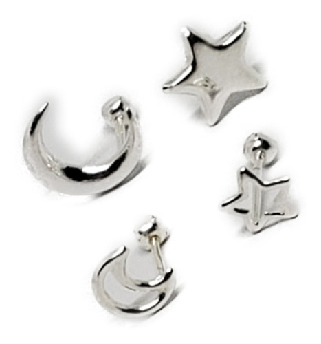 Aretes De Luna Y Estrella 2 Pares De Plata+estuche Az20