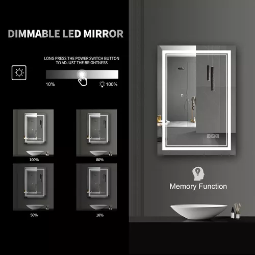 Espejo LED de tocador de baño de 20 x 28 pulgadas, espejo de pared de baño  iluminado, luces regulables (3 modos), antivaho, horizontal, vertical